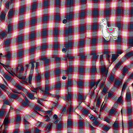 Karierter Langarm-Hemdkleid von Sfera mit Lama-Applikation in Dunkelblau/Rot, Größe 110–116 (5–6 Jahre) – detail