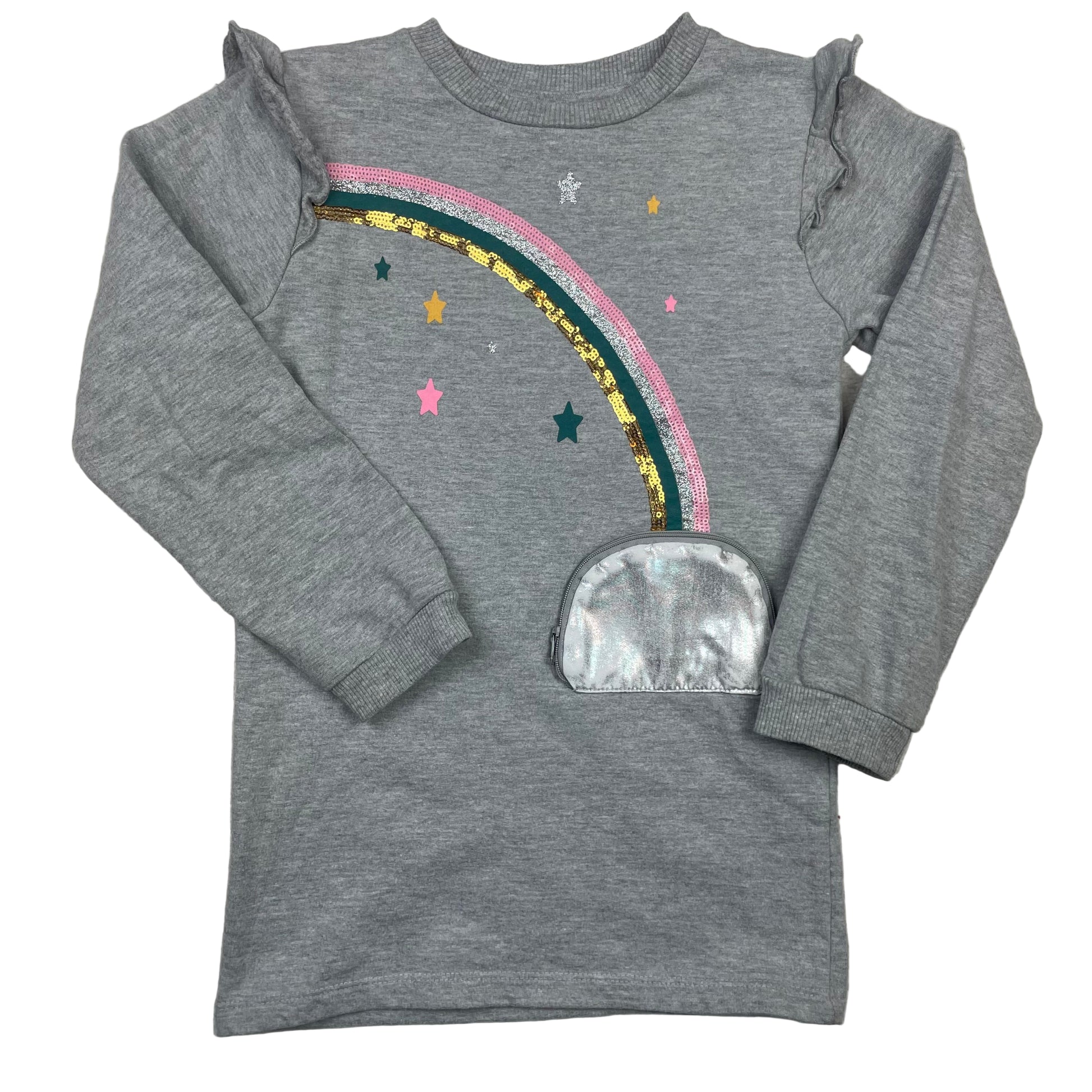 Graues Kinder-Sweatshirt mit Regenbogen, Sternen und silberner Tasche, Größe 110 – front